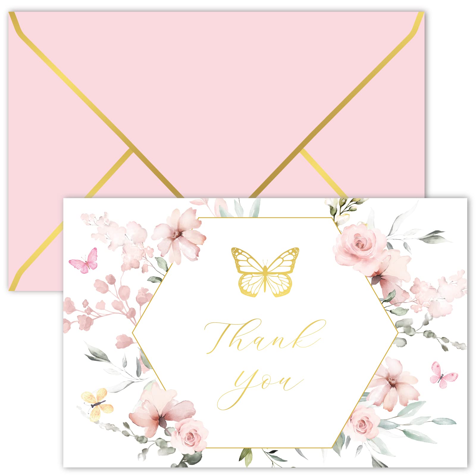 Gooji4x6 Butterfly Dream Floral Thank You Cards with Envelopes (Bulk 20-Pack) Baby Shower, Bridal Shower, Wedding, Greeting, Blank Notes Box Assorted Stationary Pink Flowers