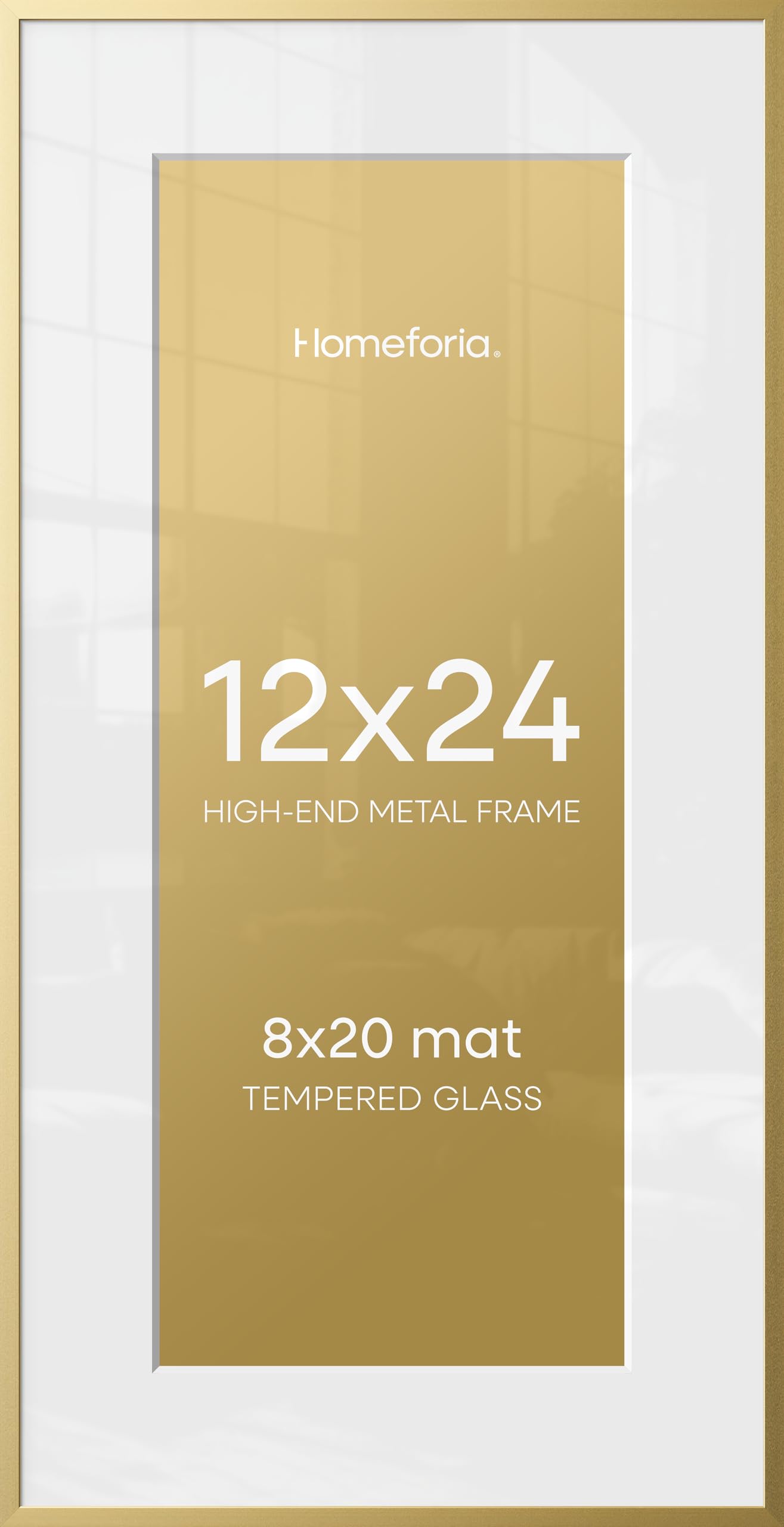 Homeforia 12x24 Gold Picture Frame, High-End Metal, 8x20 Mat, Glass | High End Aluminum, Tempered Glass, Acid-Free 8x20 Removable Mat, 12x24 in Edge-to-Edge Display 24x12, Wall Kit, Set Of 3