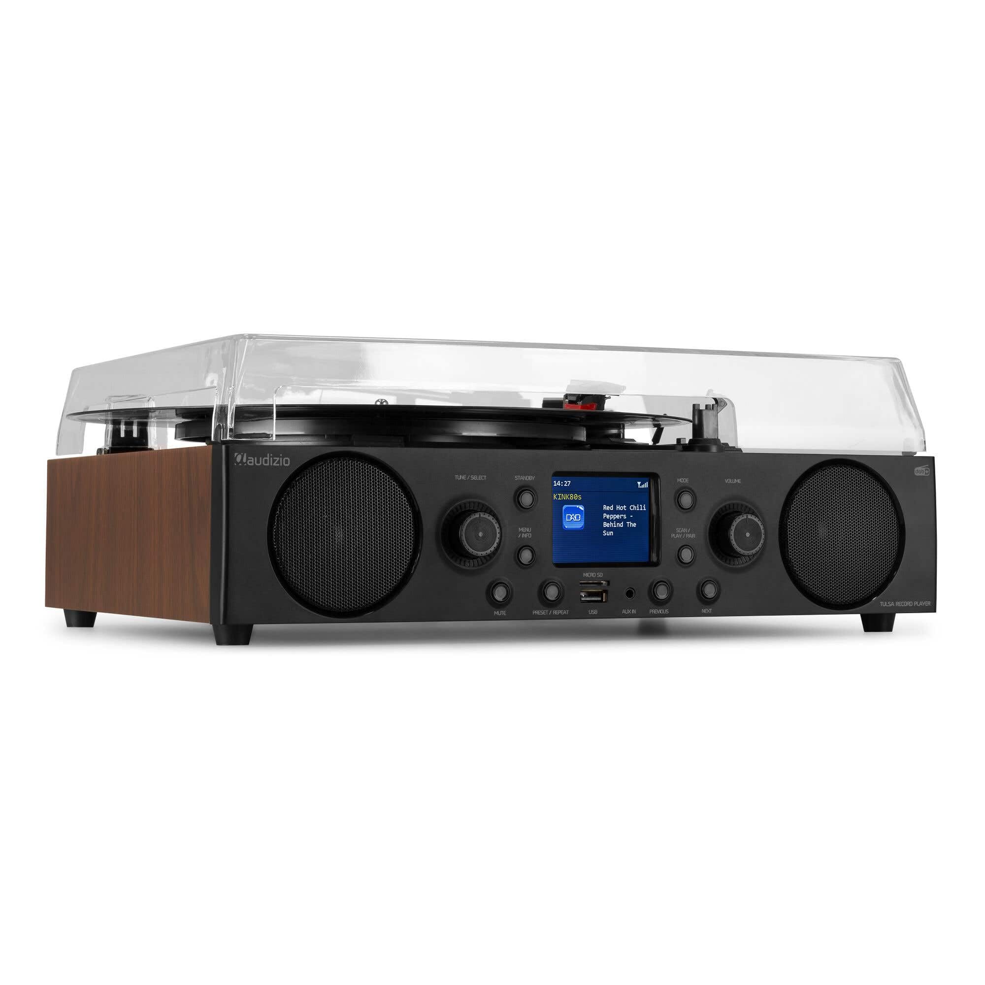 Audizio Tulsa - Sistema estéreo con Tocadiscos Bluetooth 5.0, sintonizador FM, Radio Dab, función de grabación, Tocadiscos con Altavoces, giradiscos, USB, SD, AUX, RCA, Modo Alarma, diseño de Madera