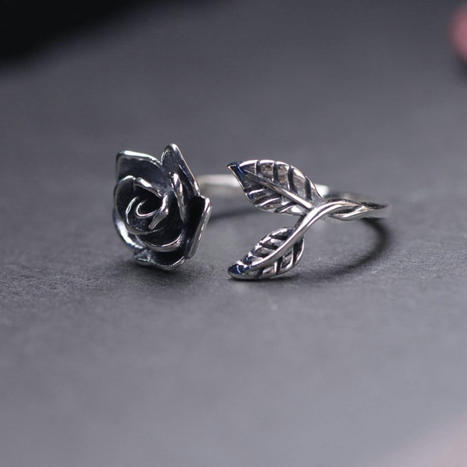 Anillo ajustable clásico de plata de ley 925 con rosas para mujer, tamaño ajustable