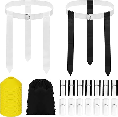 Juego de bandera de fútbol, kit de cinturones de fútbol con bandera de 14 jugadores, incluye 14 cinturones, 42 banderas, 12 conos y bolsa de