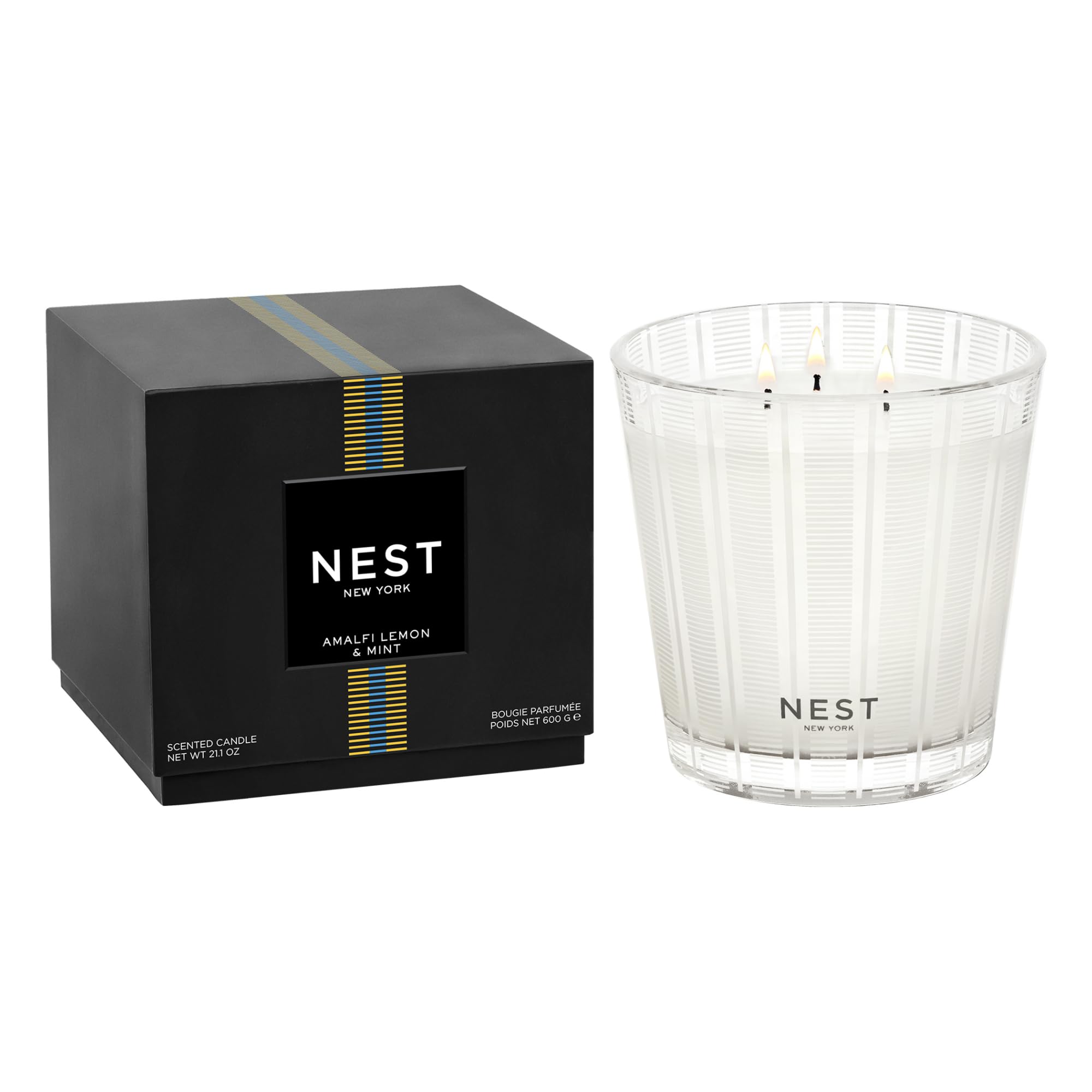 NEST New York Scented 3-Wick Candle, Amalfi Lemon & Mint - 21.2 oz - Up to 100-Hour Burn Time - Reusable Glass Vessel