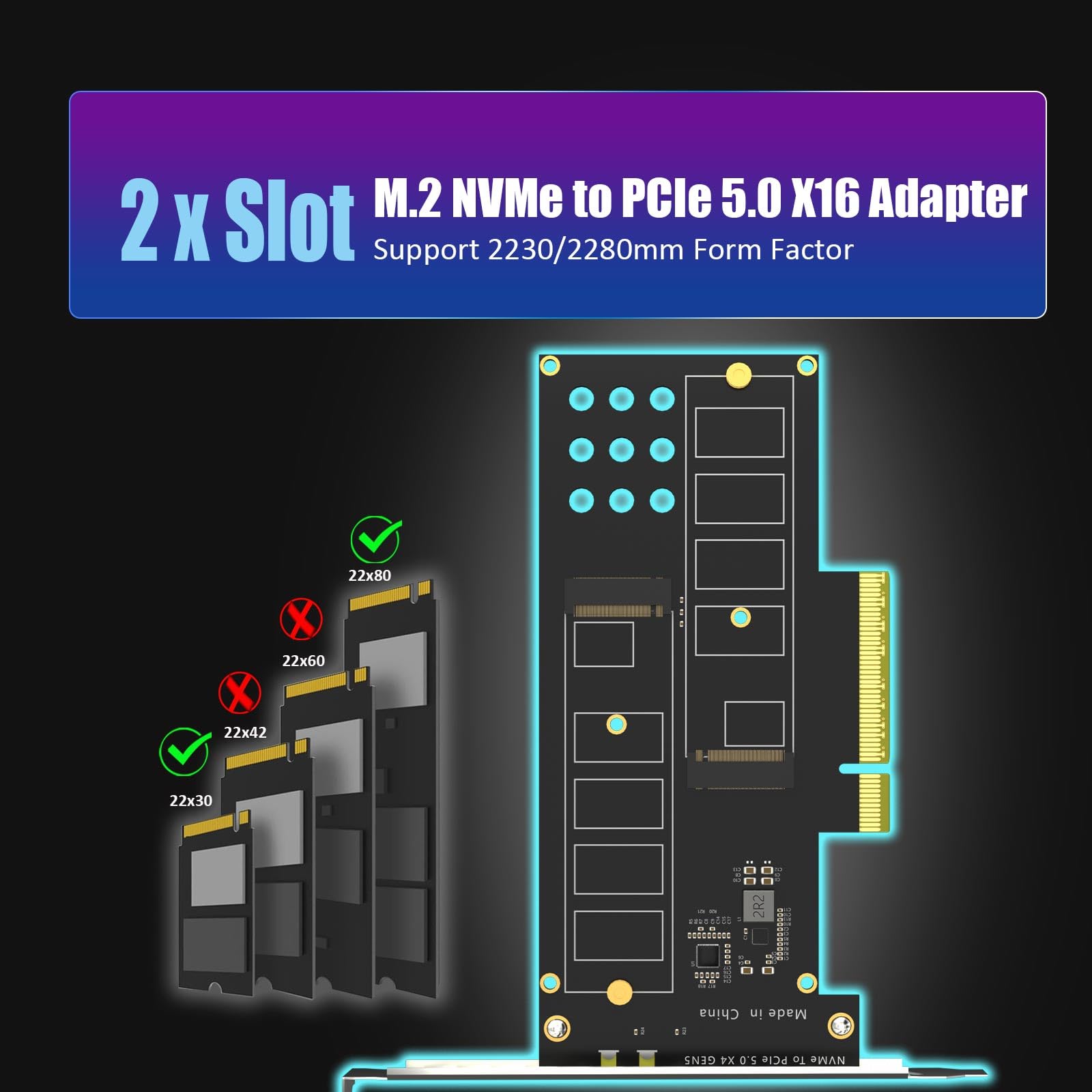 GLOTRENDS PA52L Dual Adaptador M.2 NVMe a PCIe 5.0 X8 sin bifurcación PCIe, configuración de Raid M.2 NVMe Suave OS Herramienta(se Requiere Placa Base con bifurcación PCIe)