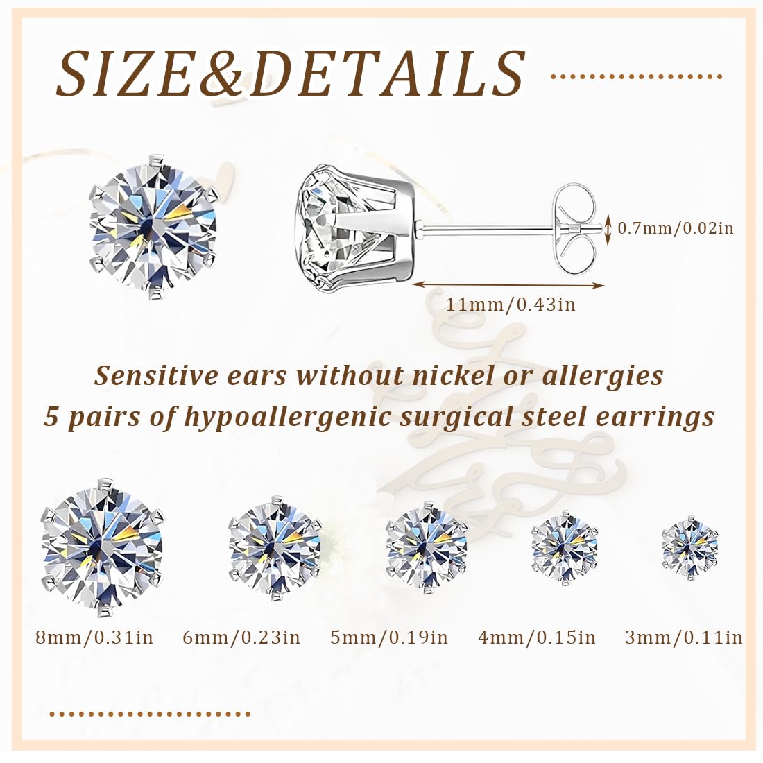 5 Paia Set di Orecchini in Argento, Orecchini a Bottone con Diamanti, Orecchini con Zirconi Cubici Quadrati Rotondi, Orecchini a Bottone Ipoallergenici per Donna Uomo 3, 4, 5, 6, 8 mm