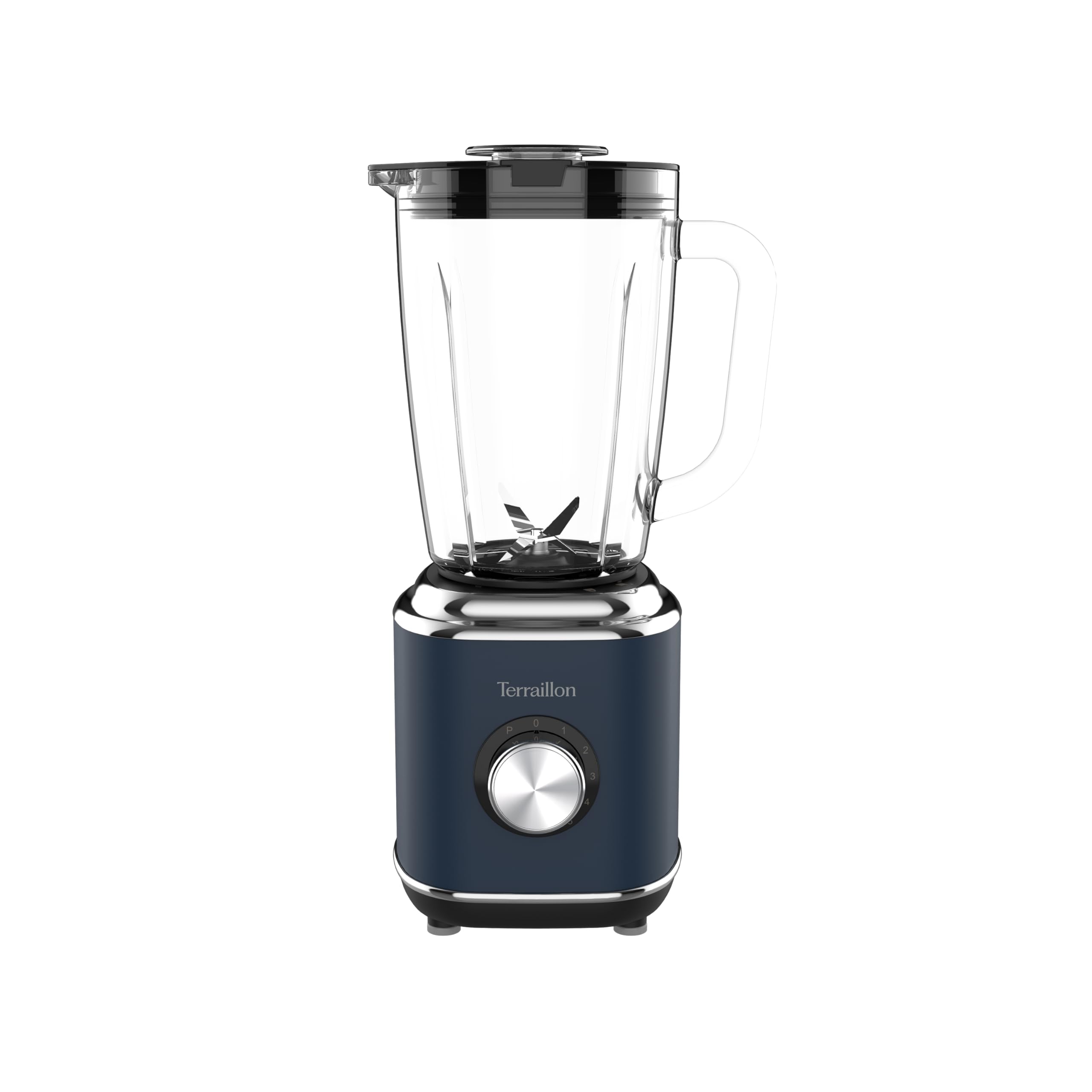 TERRAILLON - NEW MOON- Blender Electrique, Capacité 1.75L, 600W, Bol en verre, 5 vitesses réglables, Fonction Pulse, 4 Lames en Inox, Couvercle anti-débordement, Corps en Inox peint, Bleu