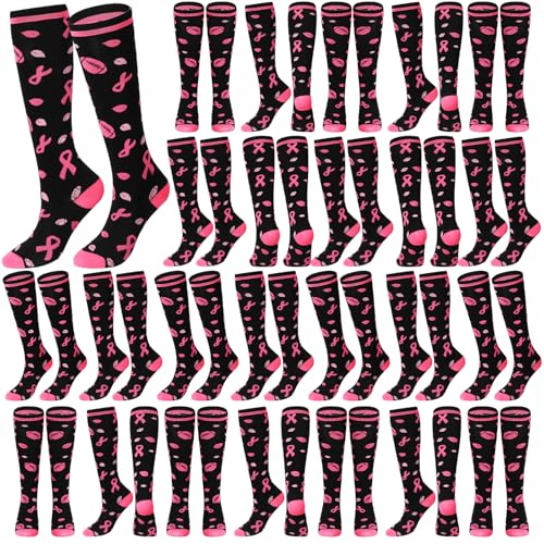 24 Pairs Breast Cancer Awareness Football Socks Pink Ribbon Knee High Compression Socks for Women Men Sport