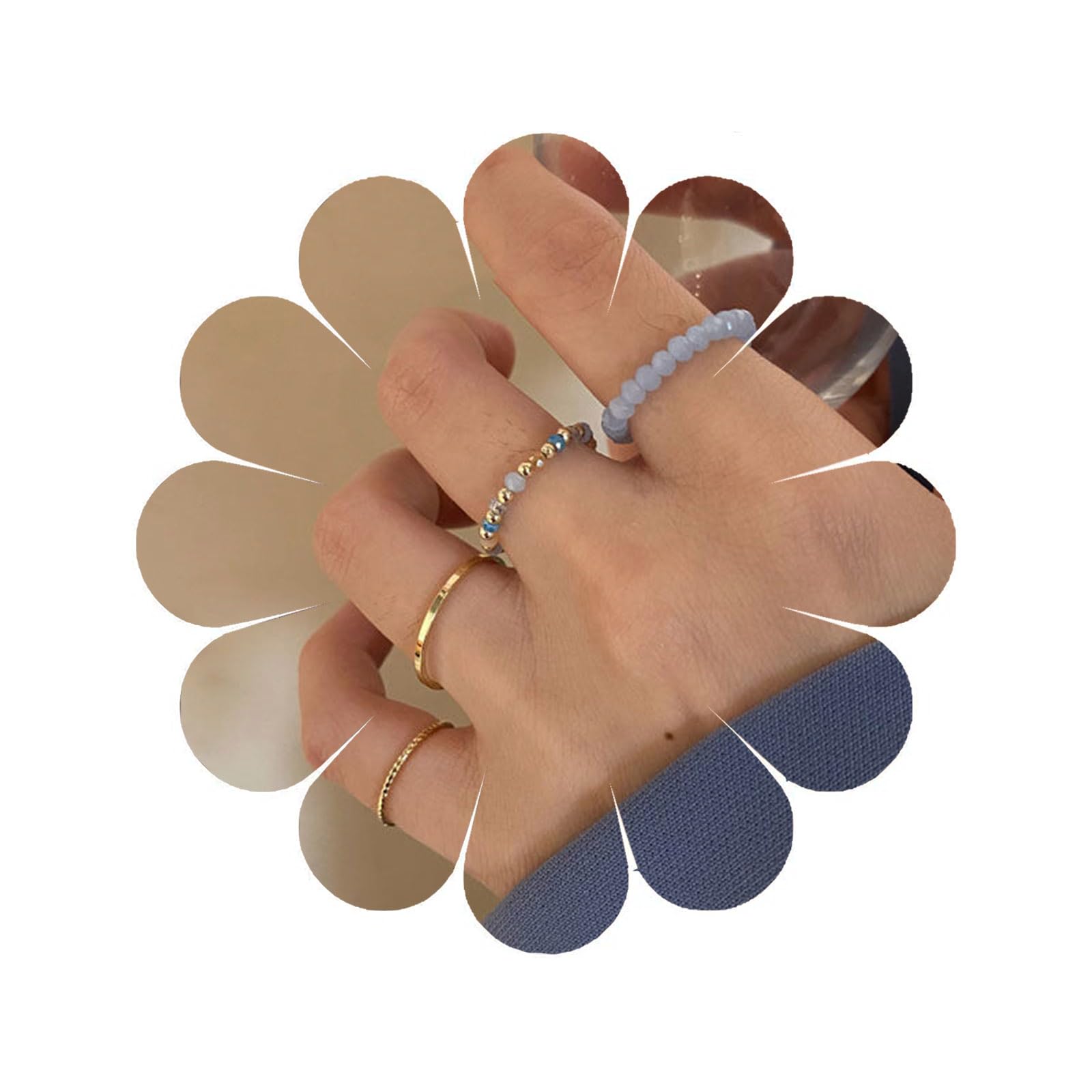Crystal Beaded Stretch Rings Stretch Bead Stacking Rings Gemstone Bead Rings Crystal Bead Stackable Rings Rice Bead Elastic Rings Handmade Stretch Rings Set Jewelry for Women
