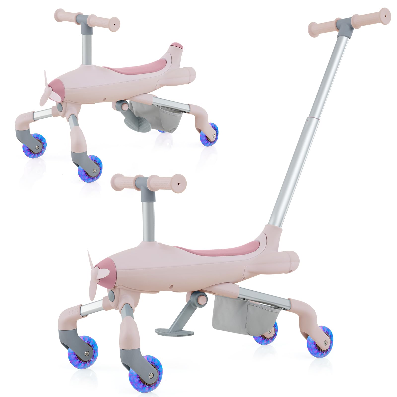 RELAX4LIFE Auto a Spinta per Bambini 2-in-1, Maniglie Regolabili, Ruote in PU con Luci LED, Poggiapiedi Pieghevoli, Carico 50kg, per Bambini 18-60 Mesi (ROSA)