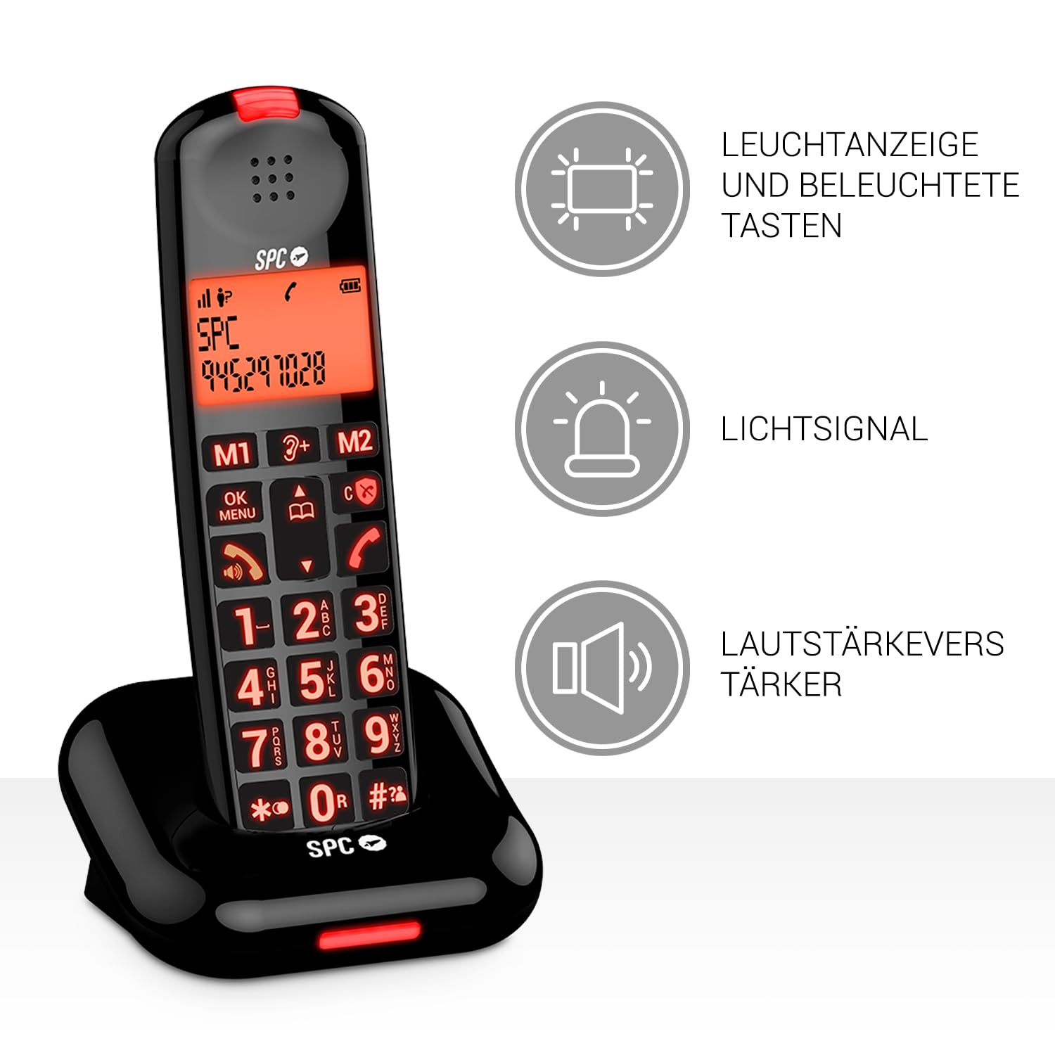 SPC Comfort Kairo - Schnurloses Telefon für Senioren mit großen Tasten, verstärktem Ton, hörgerätekompatibel, Anrufsperre, Lichtsignal und 2 Direktspeichern – Schwarz