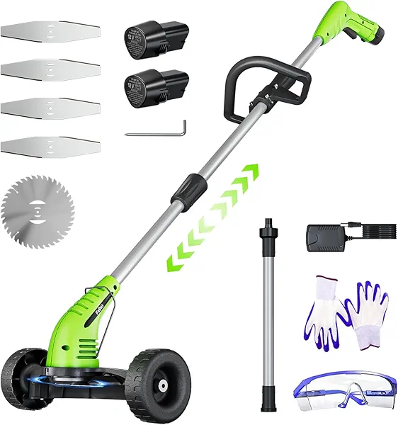 Electric Weed Wacker: Cordless Weed Trimmer with 2 * 2.0Ah Li-Ion Battery Powered & 4 Cutting Blade Types, Wheel Trimmer Lightweight Ajustable Pole &Back-Friendly Compact Power Tool for Lawn Yard Work