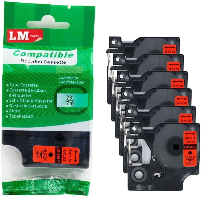 6/Pack LM Tapes Premium LM43617 1/4" Black on Red Label