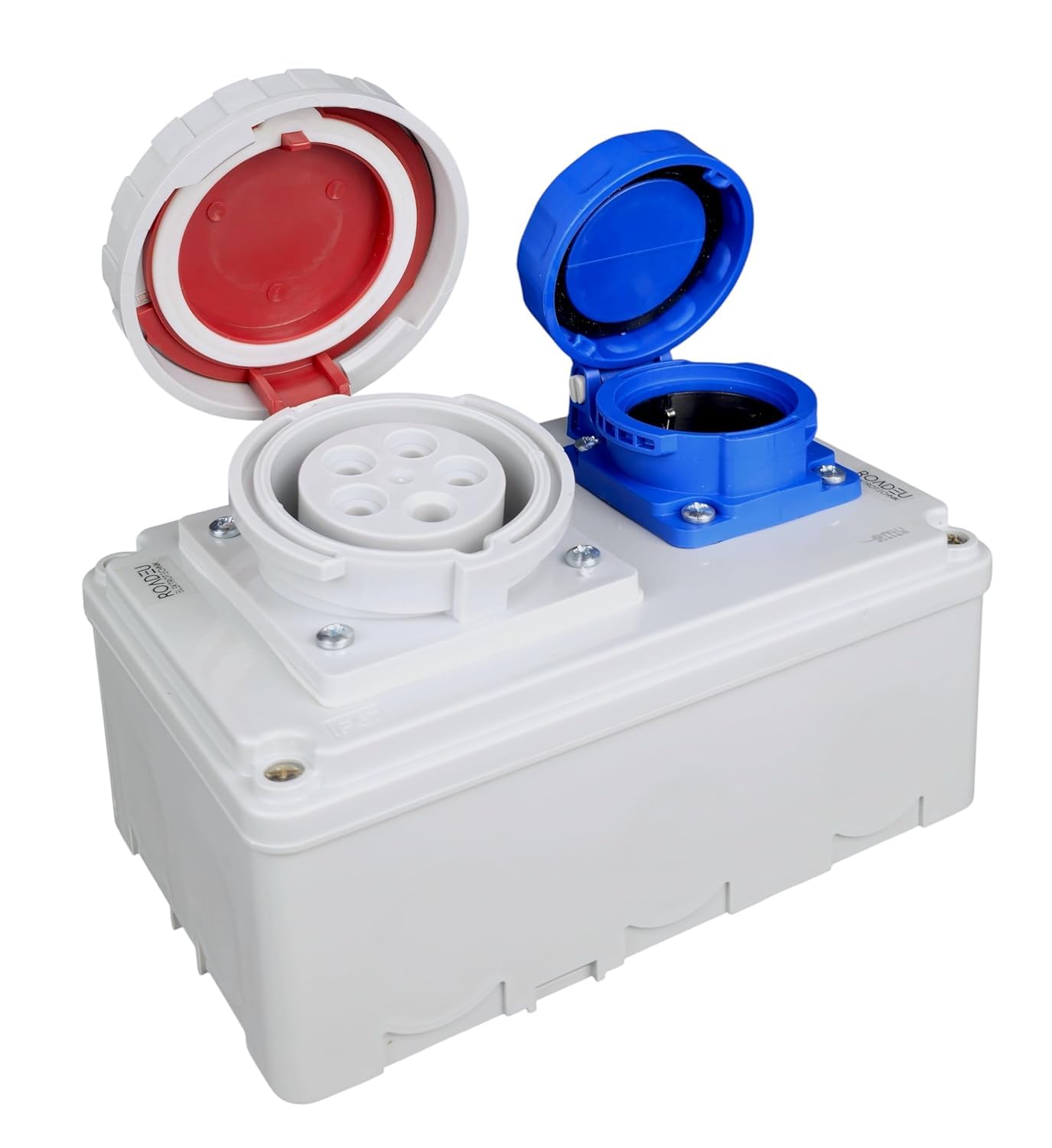 RoadEu – Steckdosenverteiler Schuko 230V + CEE 16A 5-polig, Stromverteiler IP67 Wasserdicht, Außensteckdose mit Abdeckung, Baustromverteiler für Indoor/Outdoor