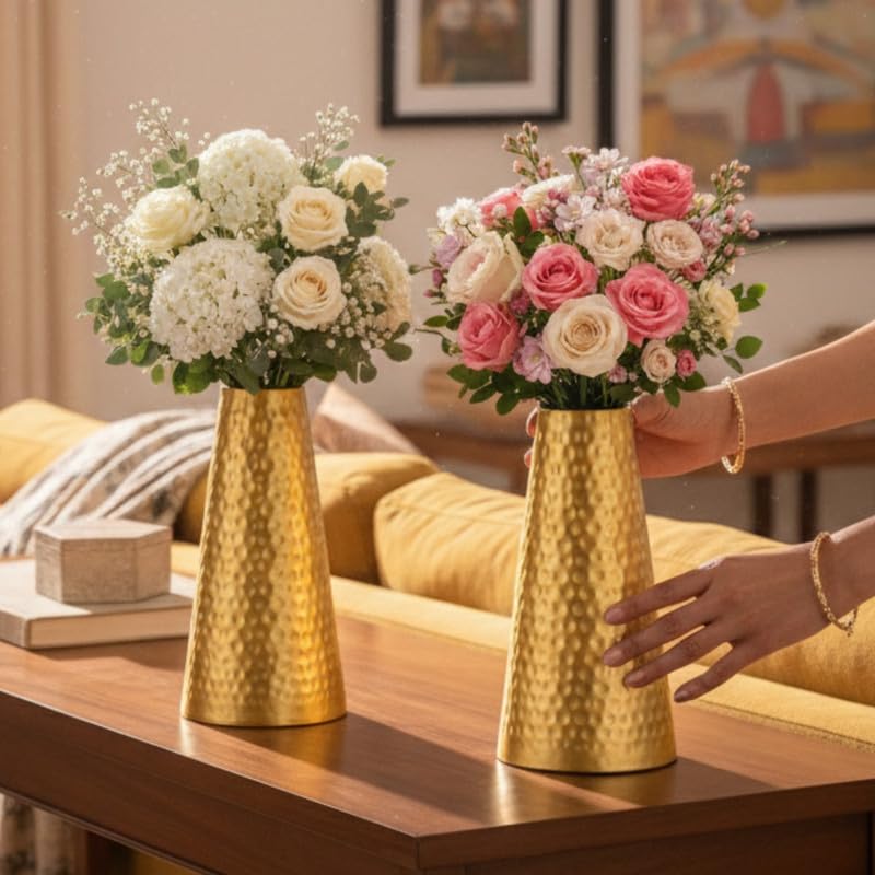 Premium Gold Hammered Metal Flower Vase Set of 2 | Decorative Table Vases for Living Room, Dining & Office | Modern Tall Home Dcor Flower Pots-image-17