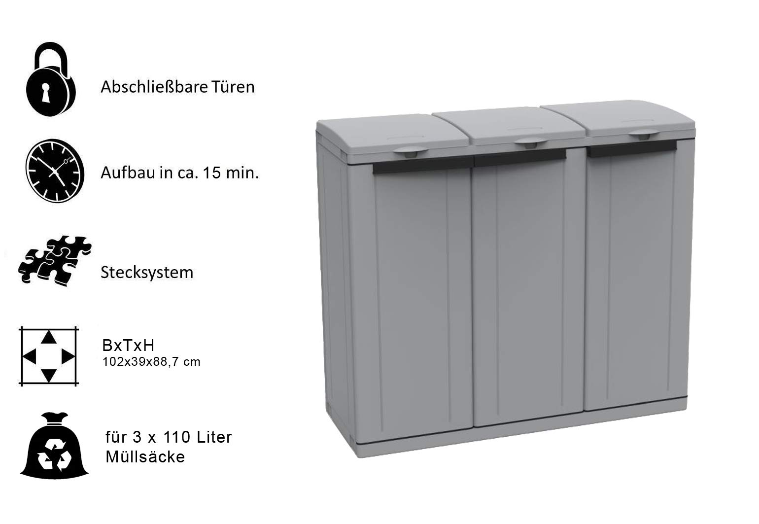 Kreher XXL Gartenschrank, Müllbox mit 3 Türen und Halterung für Müllsäcke. Aus Kunststoff in Grau. Mit Deckel und Türen. Praktisch und Preiswert.