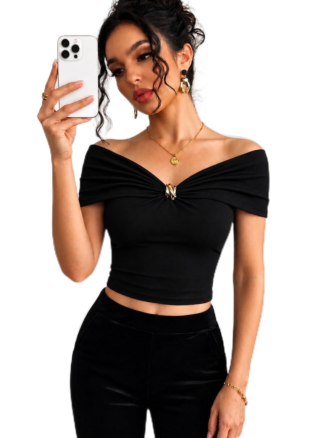 tivante Off-Shoulder Top for Women Stylish, Ruched V Neck Tops for Woman with Gold-Tone Metal Buckle Detail || Fitted Tops for Woman-picture-32