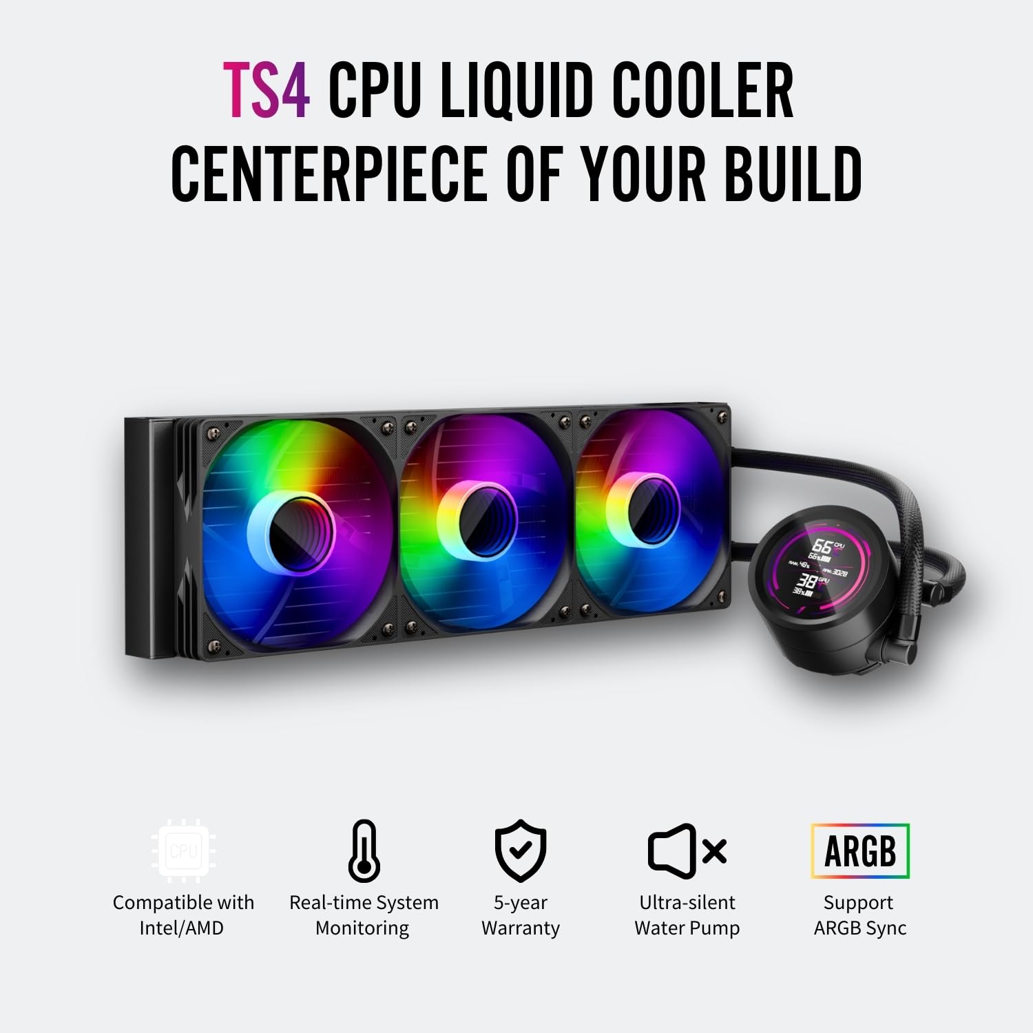 1ST PLAYER TS4 ARGB - Sistema di raffreddamento a liquido per CPU ARGB AIO, 360 mm, con display digitale, luce ARGB, 300 W TDP|PWM 3000 giri/min per AMD AM4/AM5, Intel LGA 115X/1200/1700/1851 (360 mm