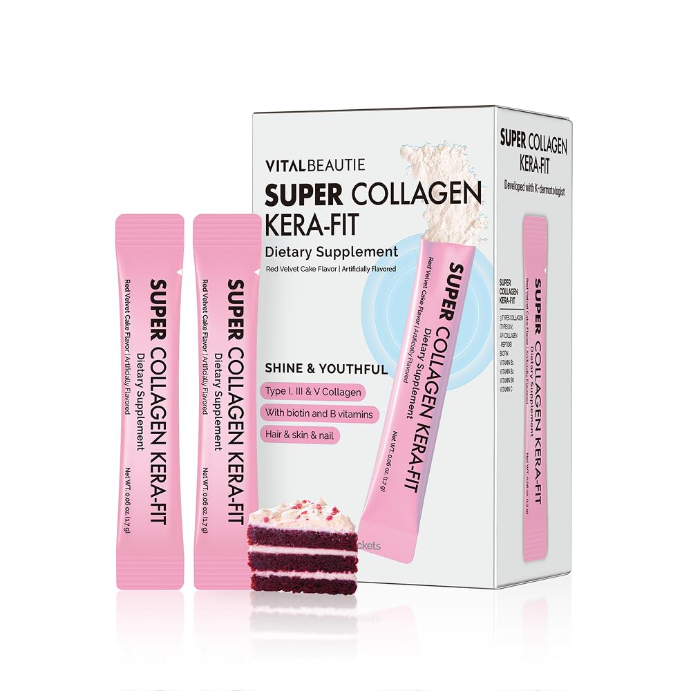 VITALBEAUTIE Super Collagen Kera‑Fit – K‑Beauty Hair, Skin & Nail Powder Stick Packs – Developed with K‑Dermatologist, Red Velvet Cake Flavor – 30 Packets