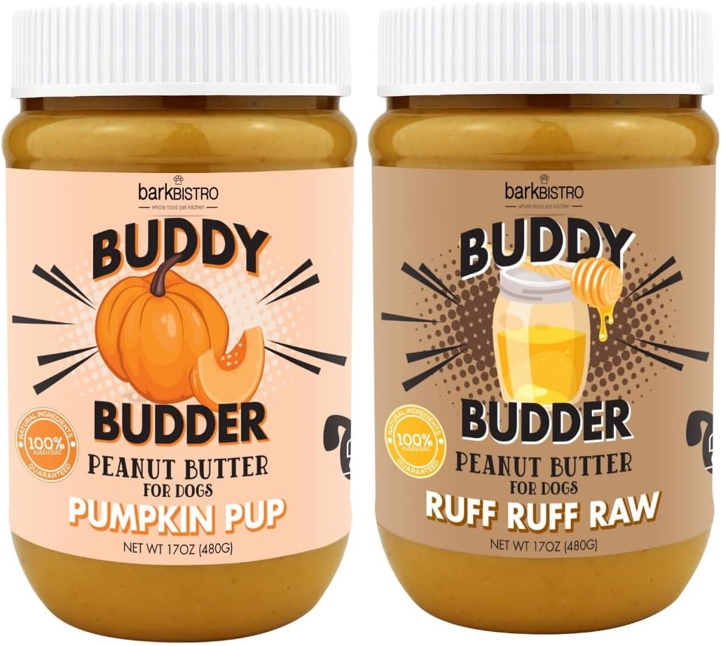 Ruff Ruff Raw + Pumpkin Pup Buddy BUDDER, Natural Peanut Butter for Dogs, Made in USA (Set of 2/ 17oz Jars)