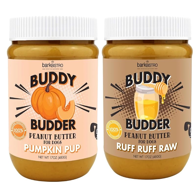Pasta de amendoim para cães BUDDY BUDDER Ruff Ruff Raw + Pumpkin, pacote com 2 potes de 482 g