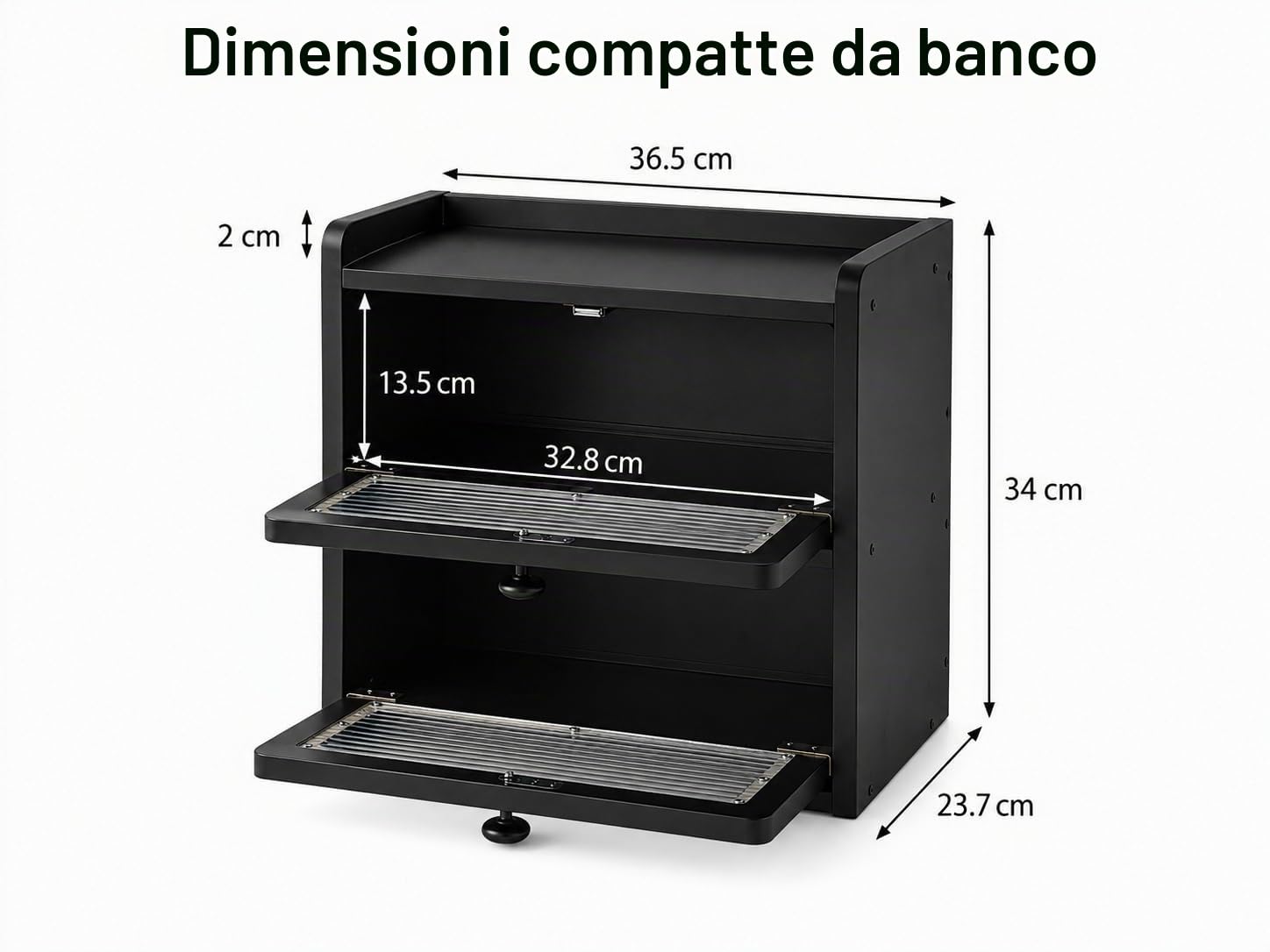 Portapane Nero 2 Livelli con Finestra in Acrilico, 36,5 x 23,7 x 34 cm