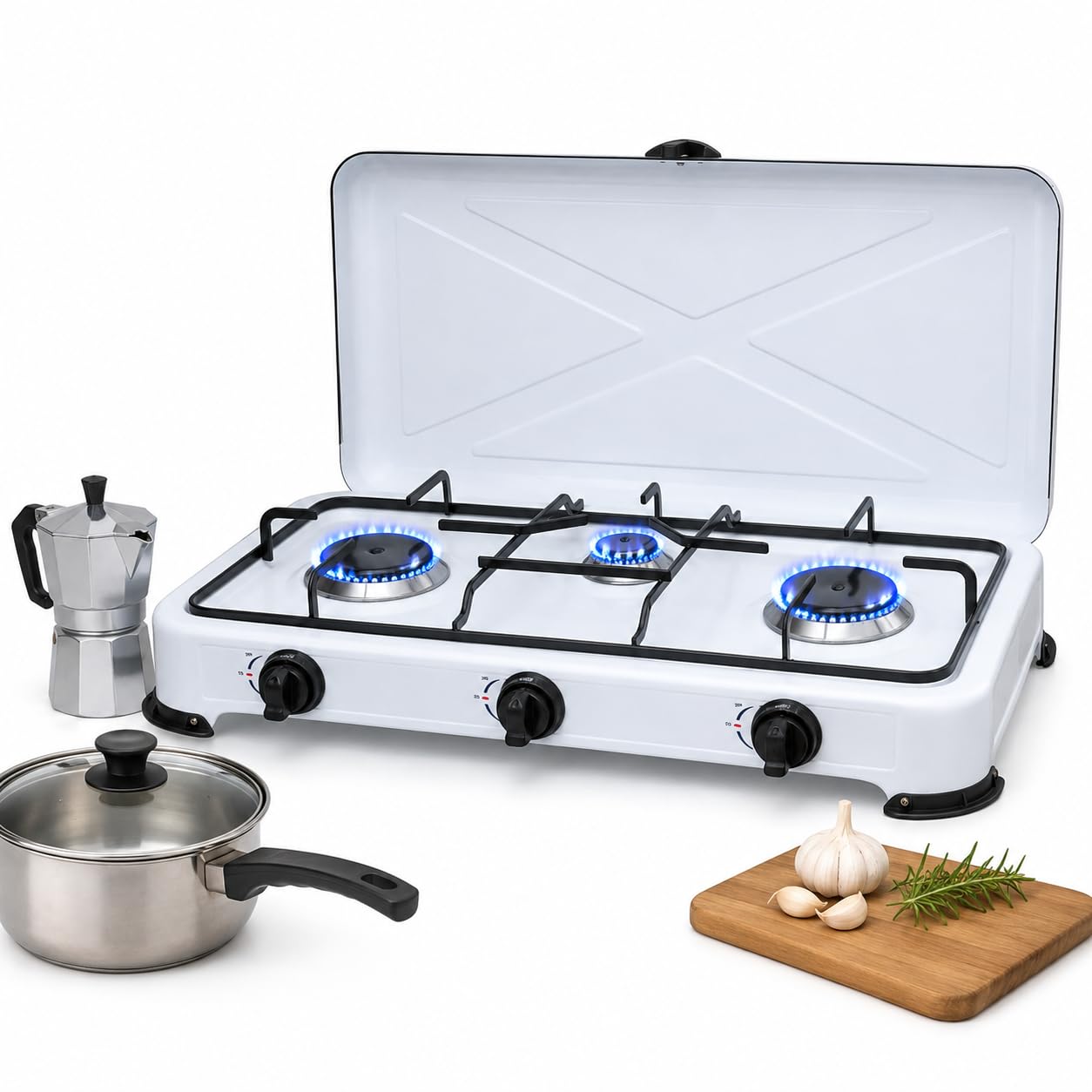 Fornello a Gas GPL 3 Fuochi - 2,9 kW - Portatile in Acciaio Inox