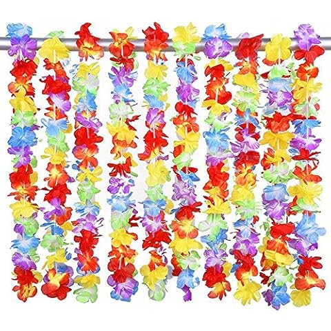 Aolvo Hawaiian Wreaths Leis, Tropical Hawaii Luau Lei Styles Traditional Hawaiian Lei Tropical Hawaiian Leis Ruffle Flowers Colourful Necklaces and Headband Beach Party Favour Decoration - Pack of 10 Cover