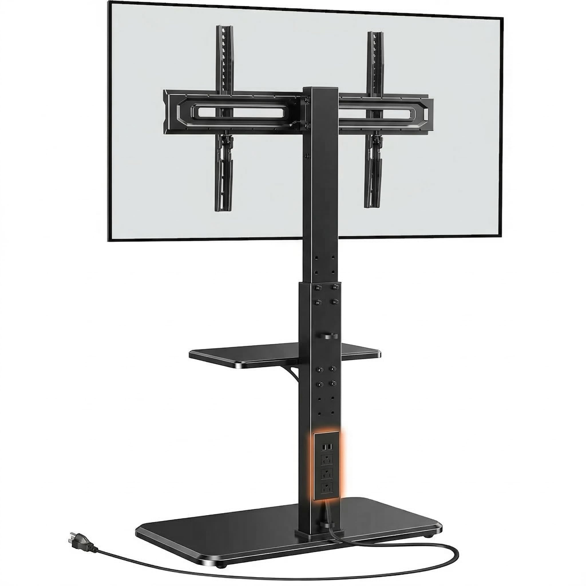 Perlegear Floor TV Stand with Power Outlet, Universal TV Stand for 32-75 inch TVs up to 110 lbs, Height Adjustable Standing TV Mount, Tall TV Mount with Wood Base, Max VESA 600x400mm, PGFS06