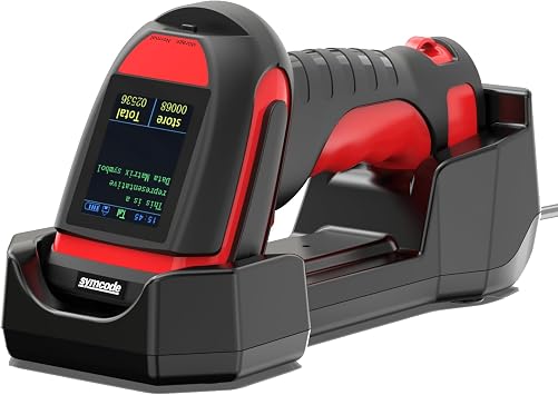 Symcode 2D Industrial Barcode Scanner with Charging Stand and Screen, 433Mhz 2-in-1 Bluetooth Wireless Hands-Free Barcode Reader Rugged Heavy Duty 2000 Feet Transmission Distance for Large Warehouse.