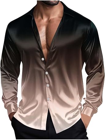 Mens Stretch Satin Dress Shirts Ombre Long Sleeve Button Down Silky Shirt Formal Business Prom Party Wedding Shirts