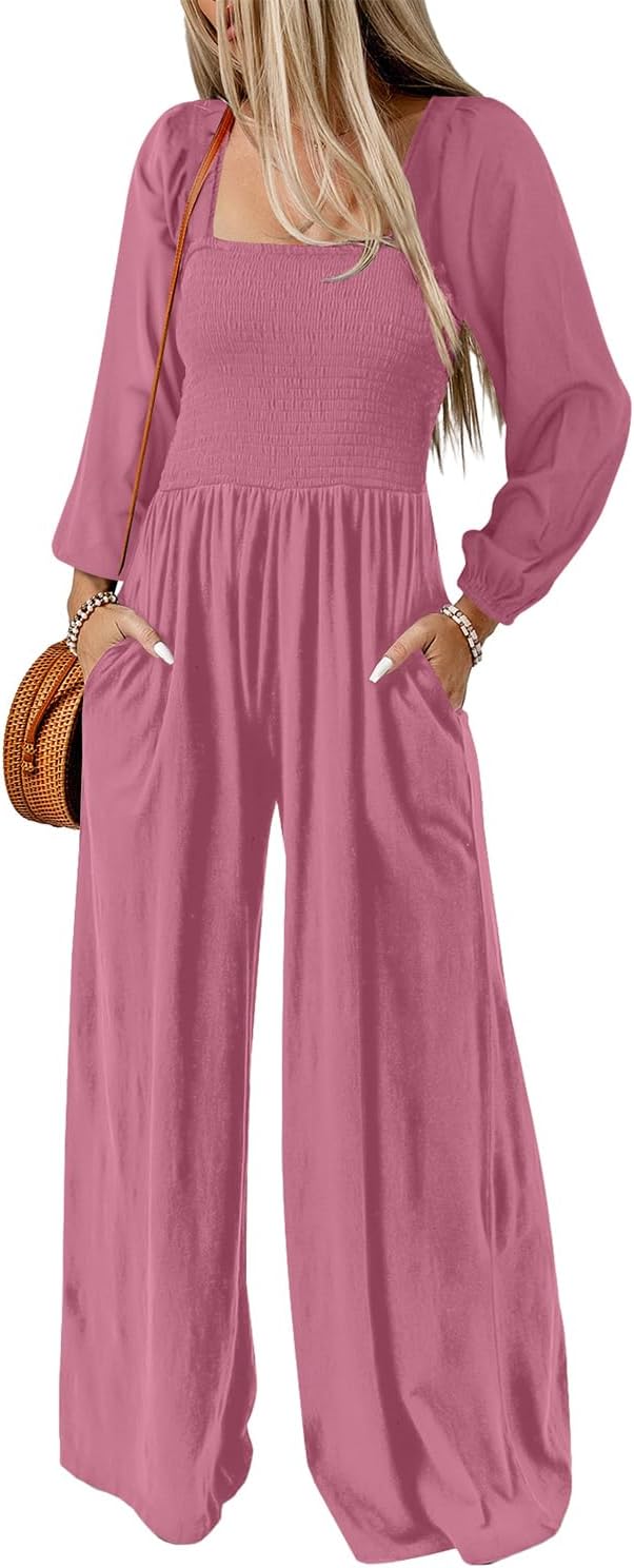 Happy SailedWomens Jumpsuits Dressy Casual High Waisted Pockets Long Sleeve Rompers Beach Fashion Vacation Outfits for Women