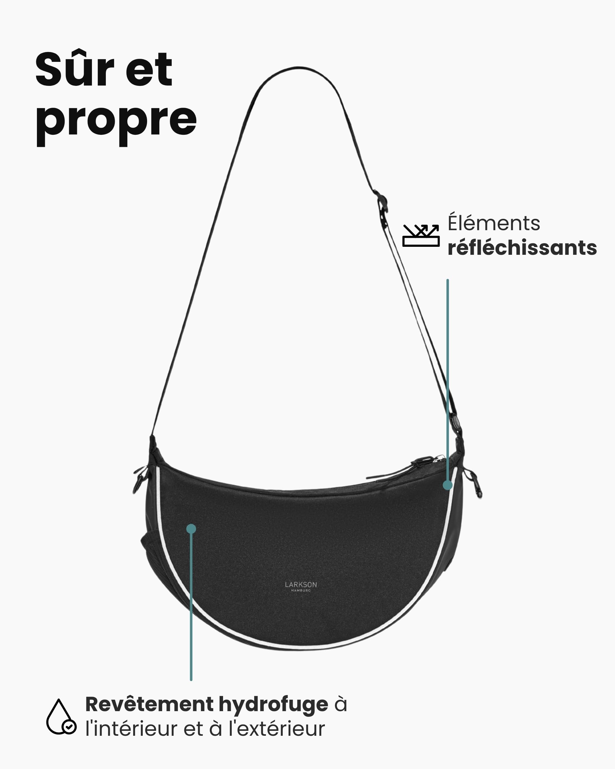 LARKSON Half Moon Bag à Friandises pour Chien Noir - Fiete - Sac à Bandoulière Promenade - Pochette à Friandises avec Distributeur de Sacs à Excréments - Sac de Dressage Réfléchissant - Hydrofuge
