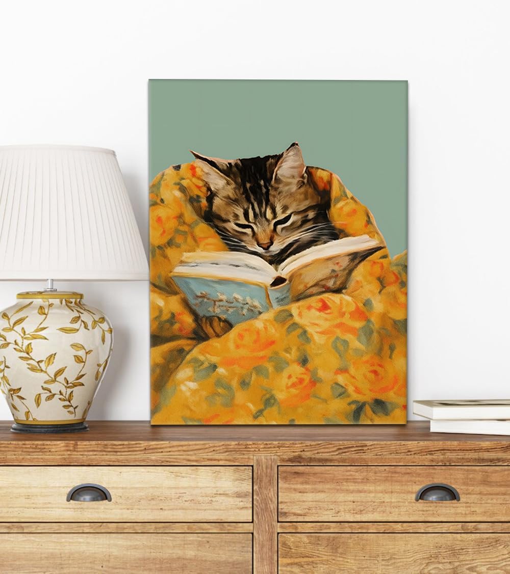 Vintage Whimsical Cat Canvas Wall Art Cute Reading Cat Covered with Quilt Poster Funny Abstract Animal Prints Wall Decor for Apartment Book Lovers Living Room Bedroom Decoration 12x16inch
