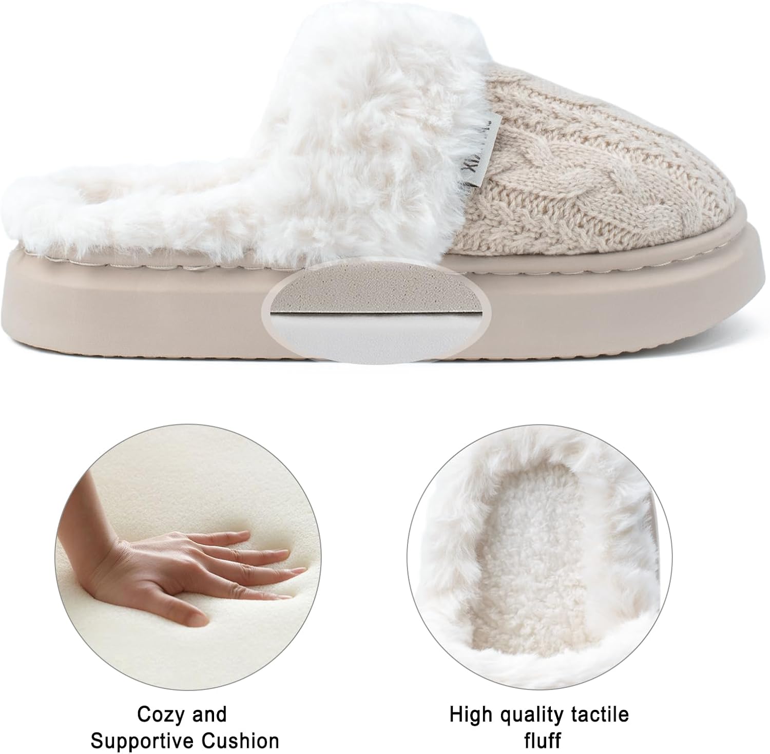 Plush Knit Women's Slippers - Warm Fuzzy Fleece Lining Slippers for Women, Non-Slip Sole Fluffy Memory Foam Slip-On Scuff House Slides Shoes for Indoor & Outdoor, Odor Resistant Bedroom - Image 4