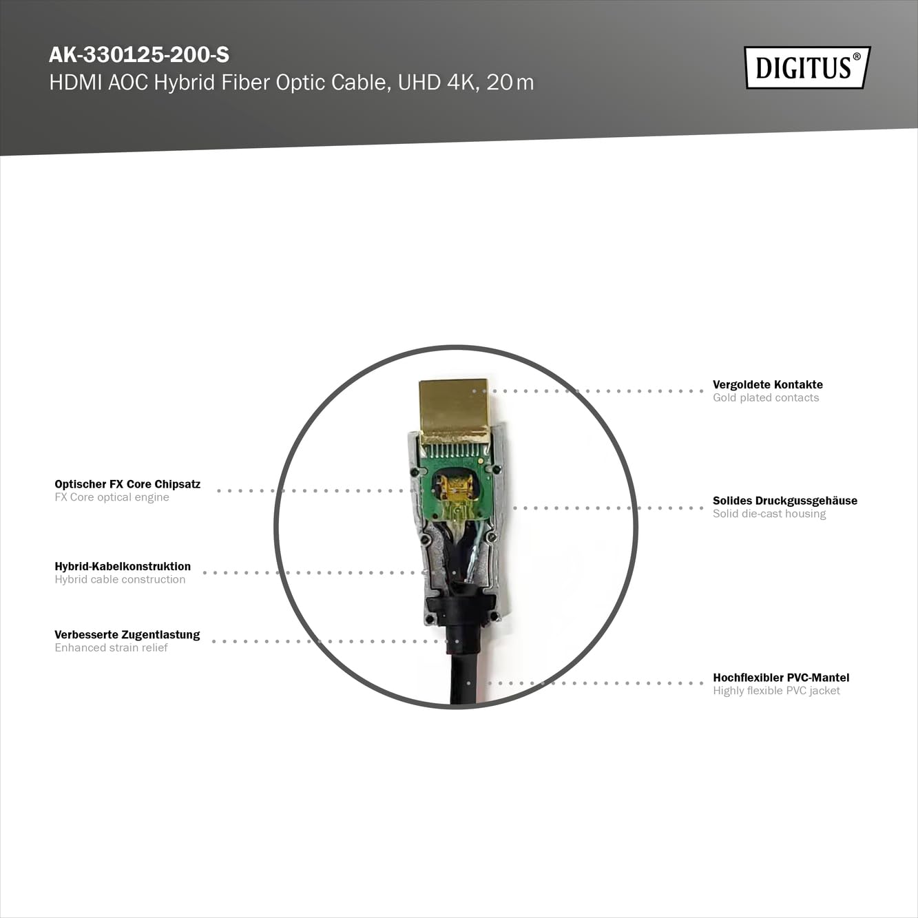 Digitus Cavo In Fibra Ottica Ibrido Hdmi Aoc, Uhd 4k, 20 M (hdmi Aoc Hybrid Fiberoptic - Cab.typE-A 20m Uhd 4k 60hz Gold/) | HDMI 2.0 – 18 Gbps – ARC, HDR, HDCP 2.2, CEC – Cable híbrido AOC – Cable HDMI de FO – Negro