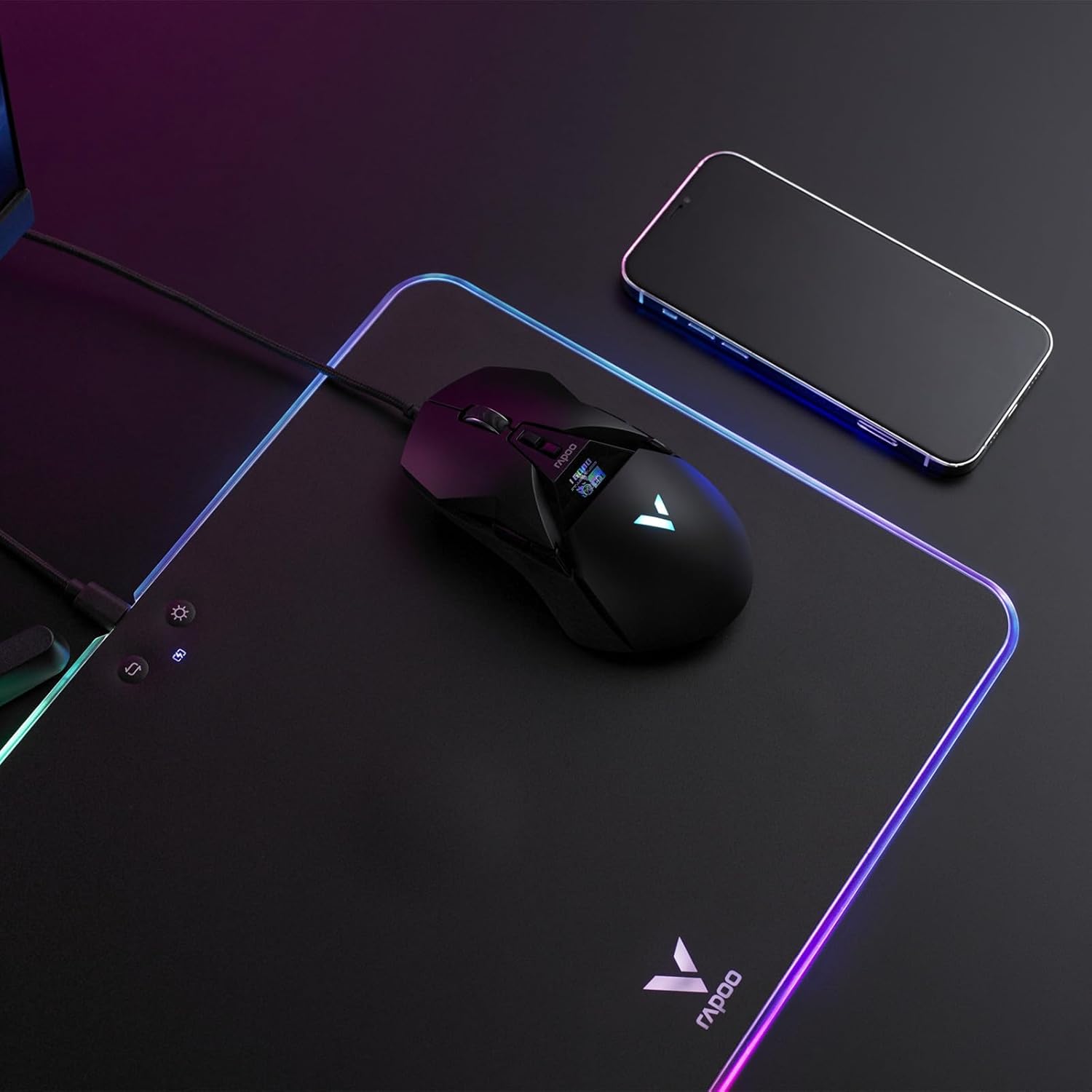Wireless mouse and smartphone on Rapoo V10RGB mouse mat