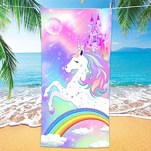 Bonsai Tree Unicorn Microfiber Beach Towel, Rainbow Kids Quick Dry Beach Blanket Oversized