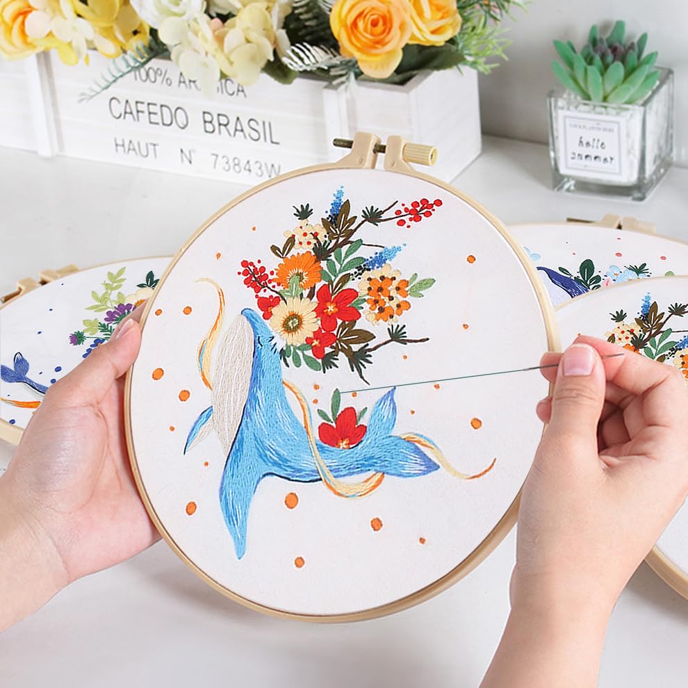 Image of KEKEMEOW 3 Sets Embroidery Kit for Beginners, Stitches with Whale and Flowers, Embroidery Stitch Practice kit for Adults Craft Lover, Cross Stitch Kit with Pattern、Instruction、Hoop