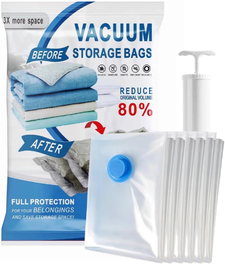 Vacuum Storage Bags, 10 Pack with Electric or Manual Pump, Space Saver Compression Bags for Clothes, Blue and White, Nylon, 4 Medium 4 Large 2 Jumbo, (E & H pump 20 Bags)