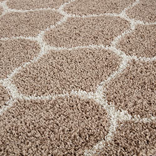 THE RUGS Shaggy Rug, Modern Moroccan Design Rugs for Living Room Bedroom, Hallway, 3 cm Thick Area Rugs, (Trellis Beige/Ivory - Image 4