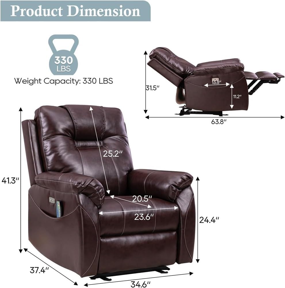 Electric Power Recliner Chair Wall Hugger Massage Heated PU Leather Sofa Side Pockets USB Type C Port Comfortable Adjustable Upholstered Lounger for Living Room Support Furniture Seating