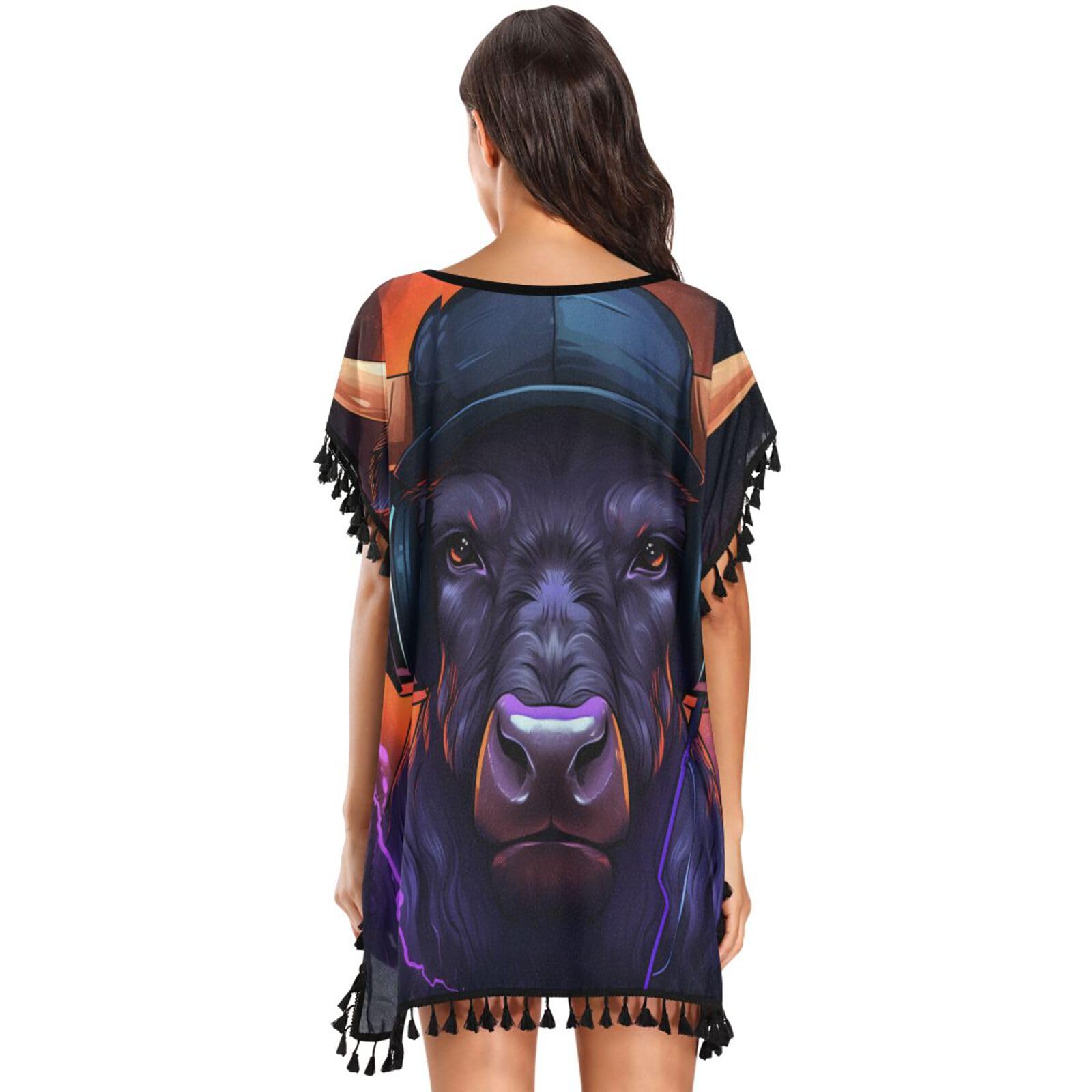 Cool Animal Art Bison Women's Beach Cover Up Chiffon Tassel Swimwear Swimsuit Coverups for Girl