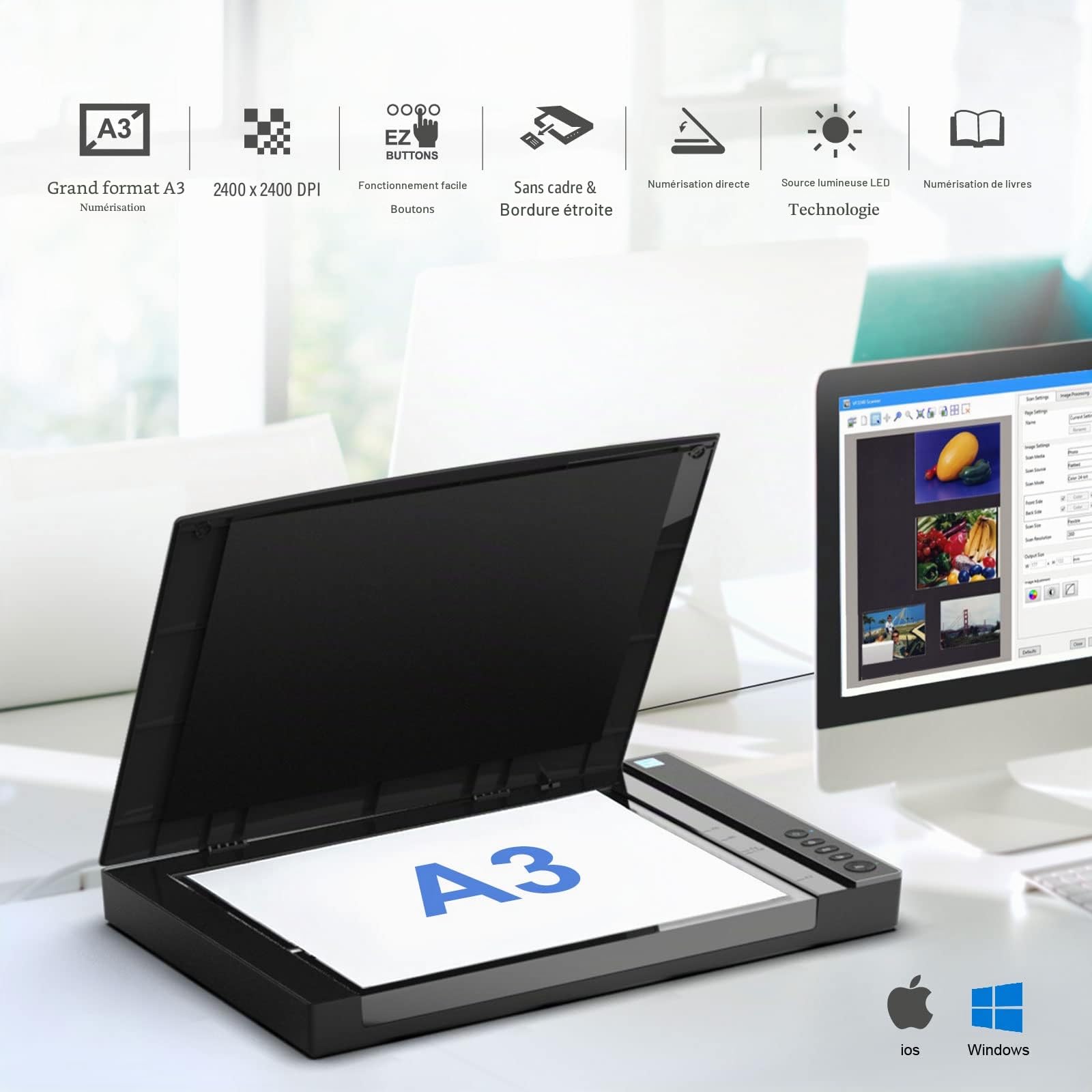Viisan VF 3240, Scanner Plat Din-A3. Max. Résolution : 2400 x 2400 dpi. Compatible avec Windows et Mac Pilote Disponible