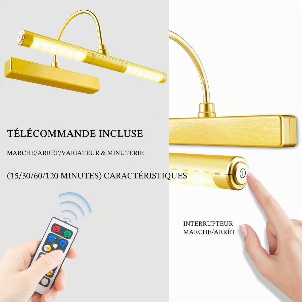 BIGLIGHT eclairage tableau led pile à piles avec télécommande 33 cm appliques pour tableaux et vitrines illustrations avec bras pivotant à 180° et gradateur de luminosité,Or