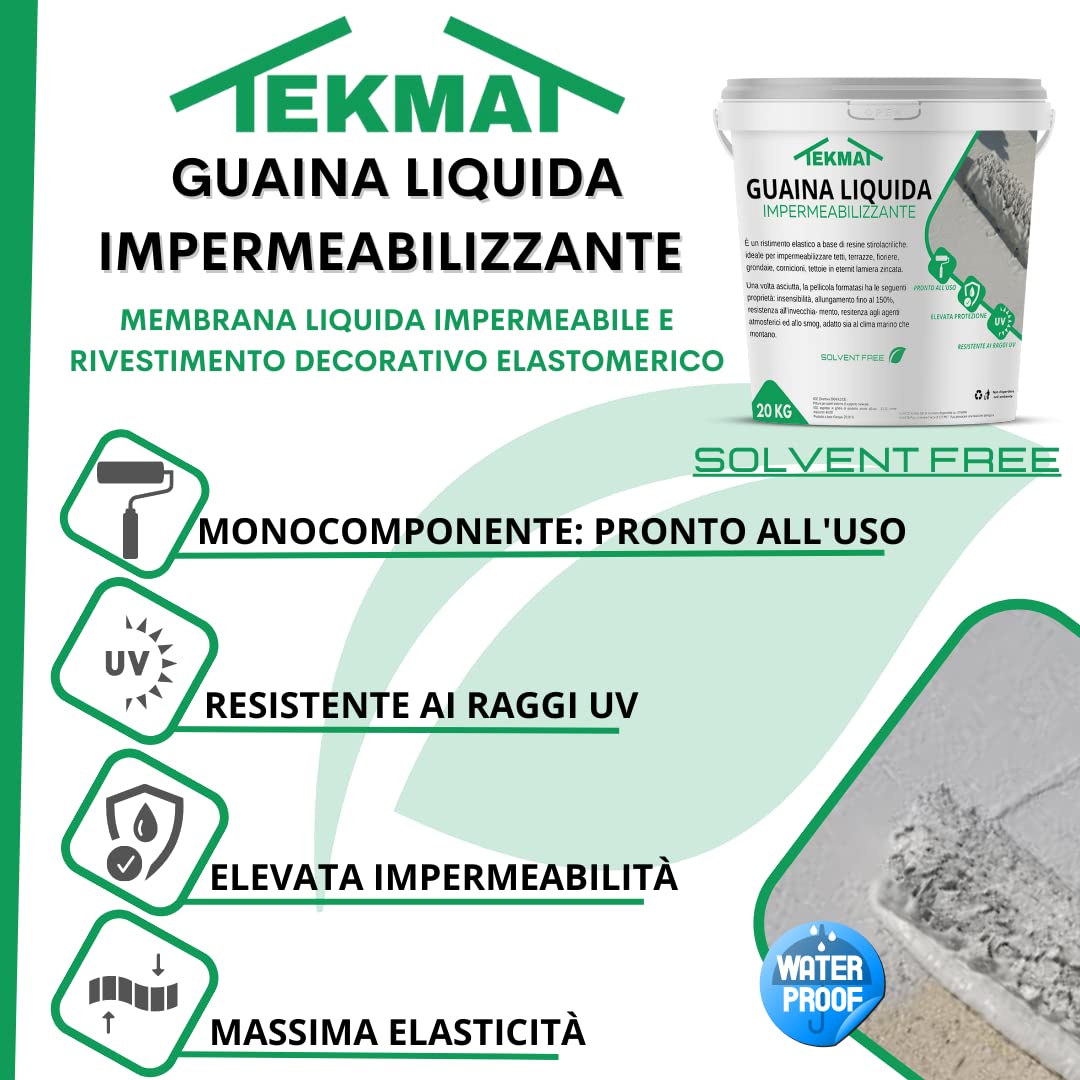 TEKMAT-GUAINA LIQUIDA IMPERMEABILIZZANTE MONOCOMPONENTE VARI COLORI DA1-6-20 KG (6 KG, GRIGIO)