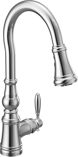 Moen S73004 Weymouth Shepherd's Hook Grifo de cocina desplegable con varilla de metal con refuerzo de potencia, cromado