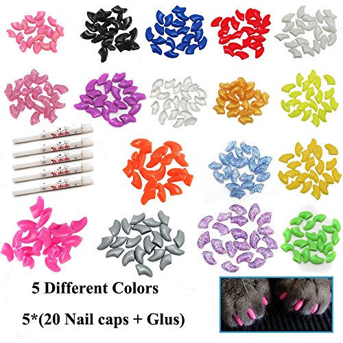 Victhy 100Pcs Cat Nail Caps, Cat Claw Caps Covers With Glue And Applicators Size Small 5 Colors, 20 Pcs/Color #TOP2