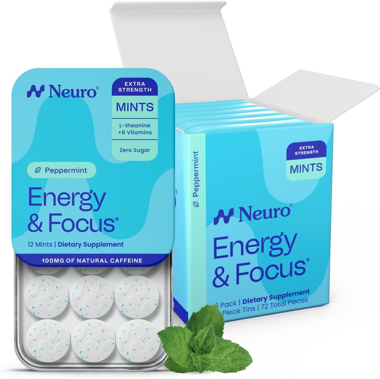 Energy & Focus Mints, Extra Strength - Sugar Free Breath Mints with 100mg Natural Caffeine, B Vitamins & L-Theanine - Vegan Brain Supplement for Exercise, Study & Daily Focus - Peppermint, 72 ct