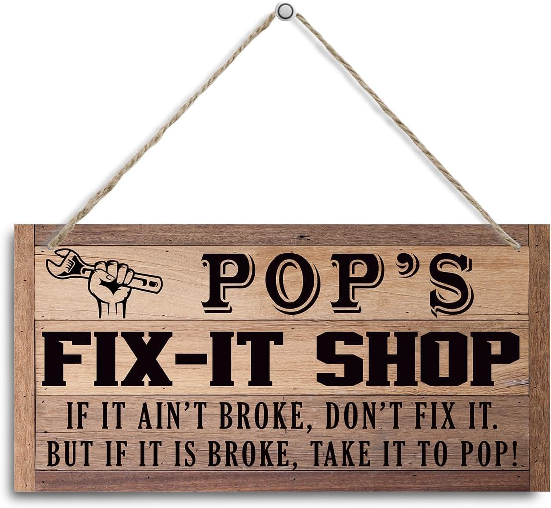 Pibonto Women's Wall Art 5X10 Inch Pop Wood Sign, Pop's Fix-It Shop Sign Gift For Pop Grandpa, Decorative Hanging Wall Plaque Wood Sign, Pop's Workshop Door Hanger, Gift For Mechanic Pop For Father's Day, Birthday, Christmas