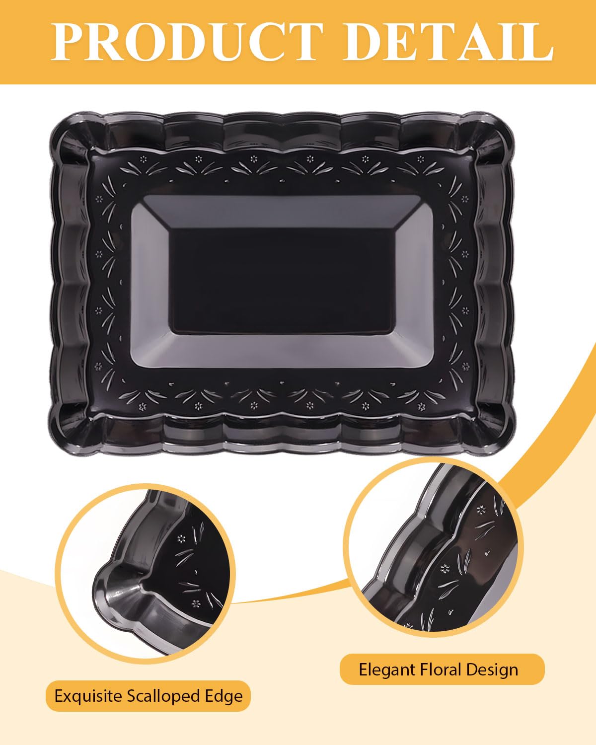 BESTVIP Vassoi da portata rettangolari in plastica nera, 22 x 33 cm, con bordi per eventi, matrimoni, pasti quotidiani, feste, snack, artigianato e alimentazione degli animali domestici