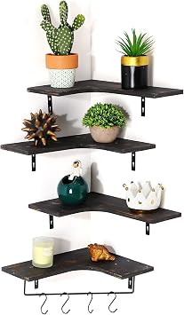 Set of 4 Corner Shelf Rustic Wood Bathroom Floating Shelves Farmhouse Wall Hanging Shelf Mounted Wall Decor for Living Room Kitchen Pantry Bedroom Rustic Black